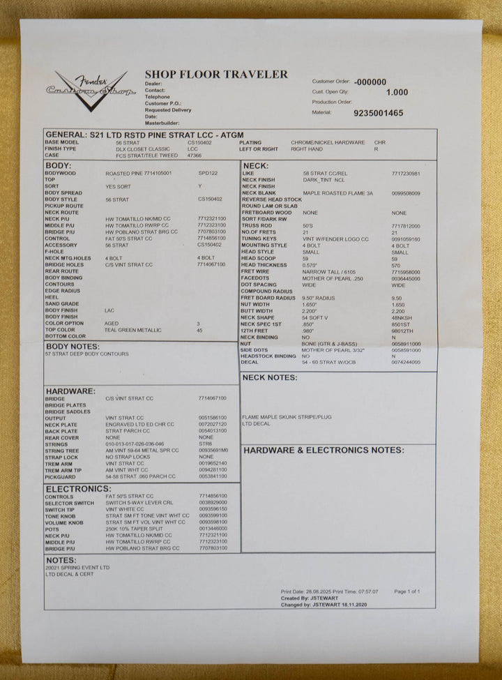 Fender Custom Shop Limited Edition Roasted Pine '56 Stratocaster, 3A Roasted Maple Neck, Deluxe Closet Classic, Teal Green Metallic