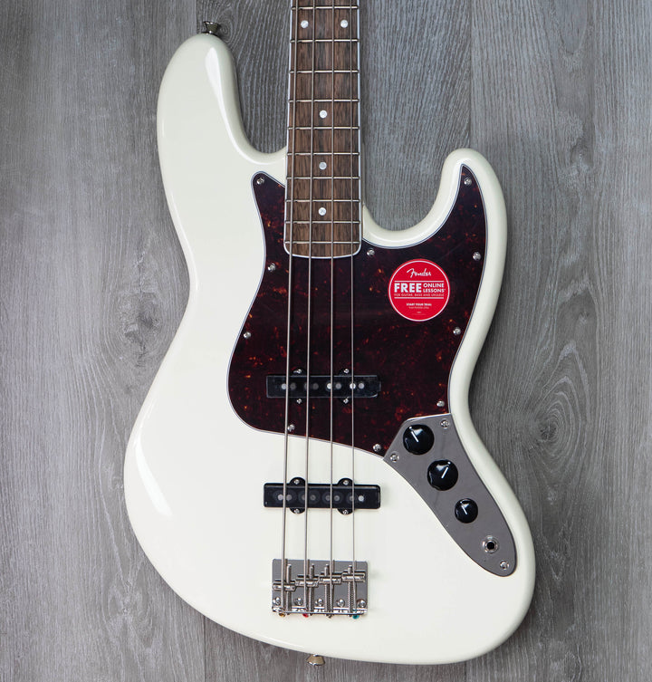 Bajo Squier Classic Vibe de edición limitada de mediados de los 60, diapasón de laurel, golpeador de carey, blanco olímpico 