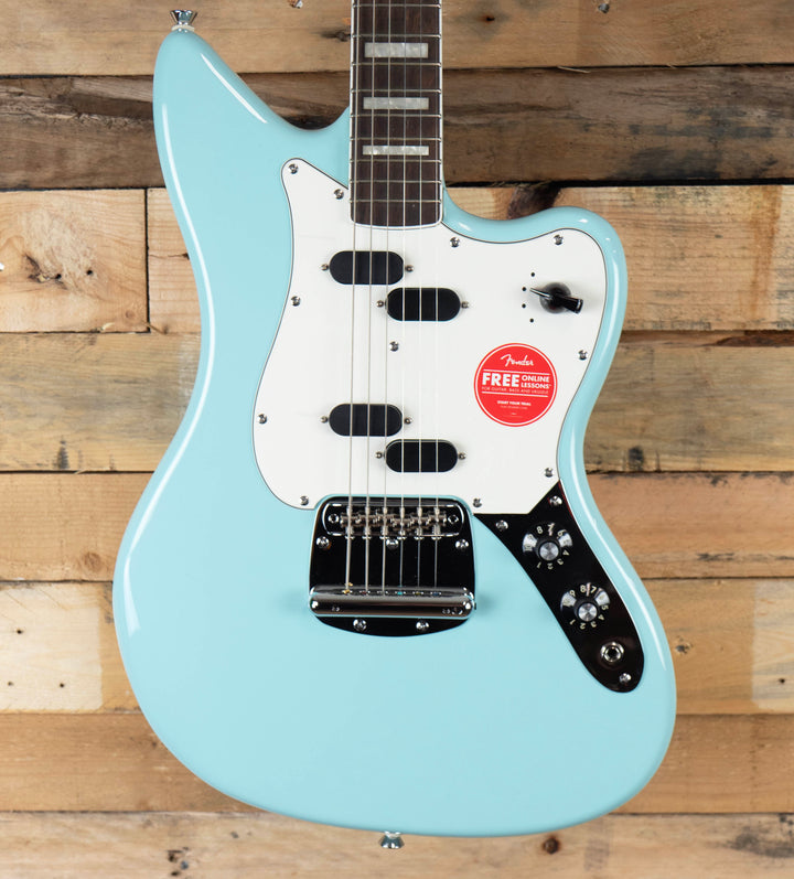 Squier Paranormal Electric VI, Laurel Fingerboard, Parchment Pickguard, Matching Headstock, Daphne Blue