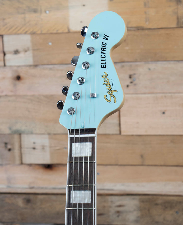 Squier Paranormal Electric VI, Laurel Fingerboard, Parchment Pickguard, Matching Headstock, Daphne Blue