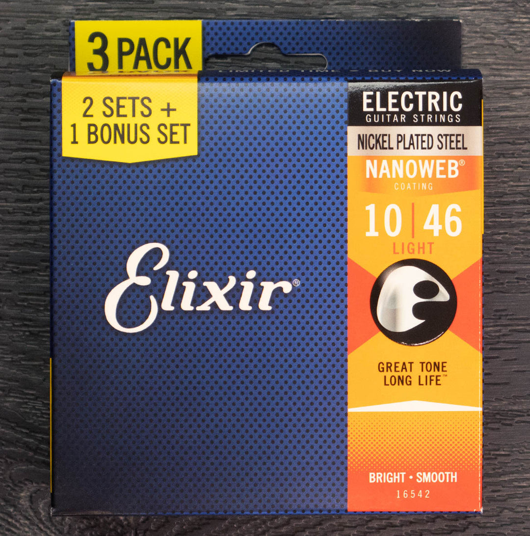 Elixir 3-Pack Nanoweb Coated Electric Guitar String Set, Nickel, .010-.046