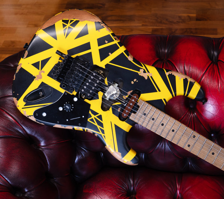 EVH Limited Edition Striped Series Frankenstein Frankie, Maple Fingerboard, Black with Yellow Stripes, Aged