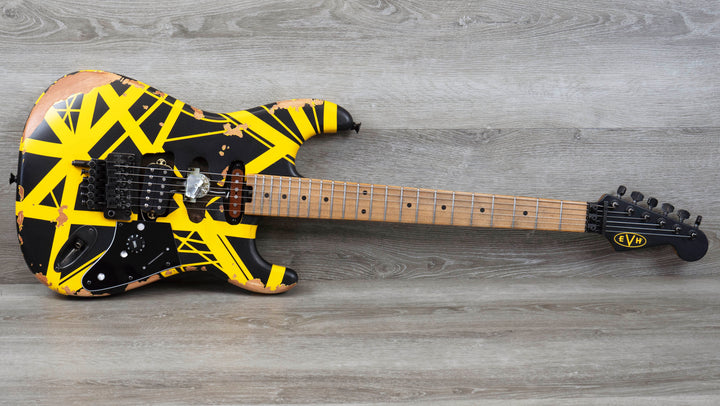 EVH Limited Edition Striped Series Frankenstein Frankie, Maple Fingerboard, Black with Yellow Stripes, Aged
