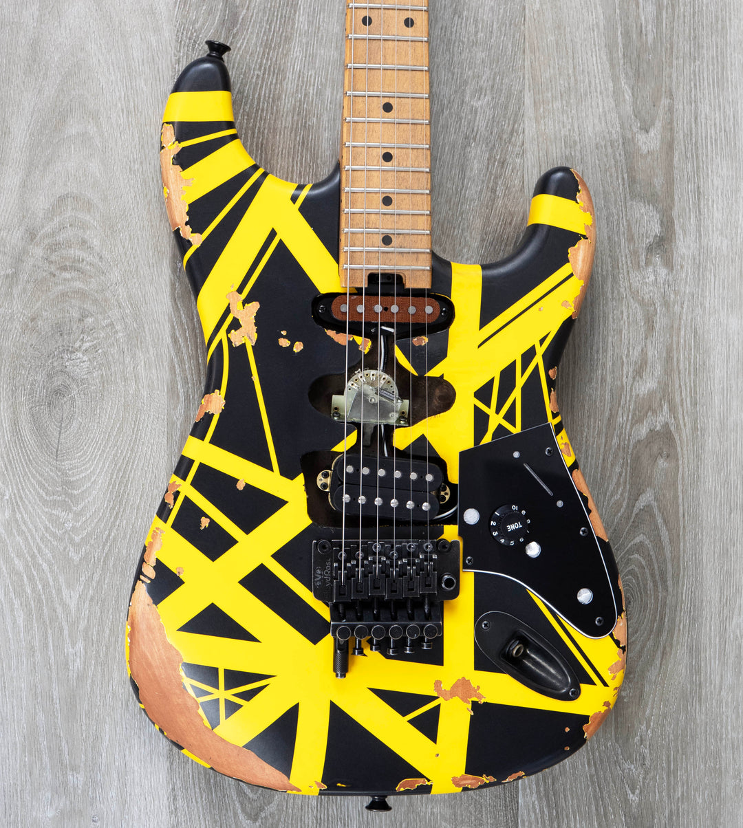EVH Limited Edition Striped Series Frankenstein Frankie, Maple Fingerboard, Black with Yellow Stripes, Aged
