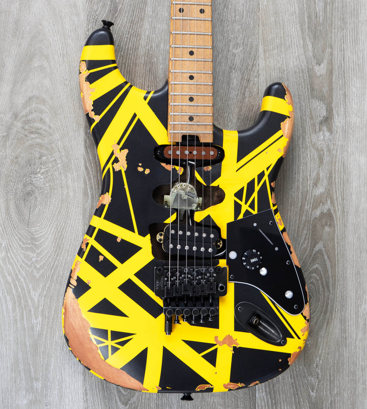 EVH Limited Edition Striped Series Frankenstein Frankie, Maple Fingerboard, Black with Yellow Stripes, Aged