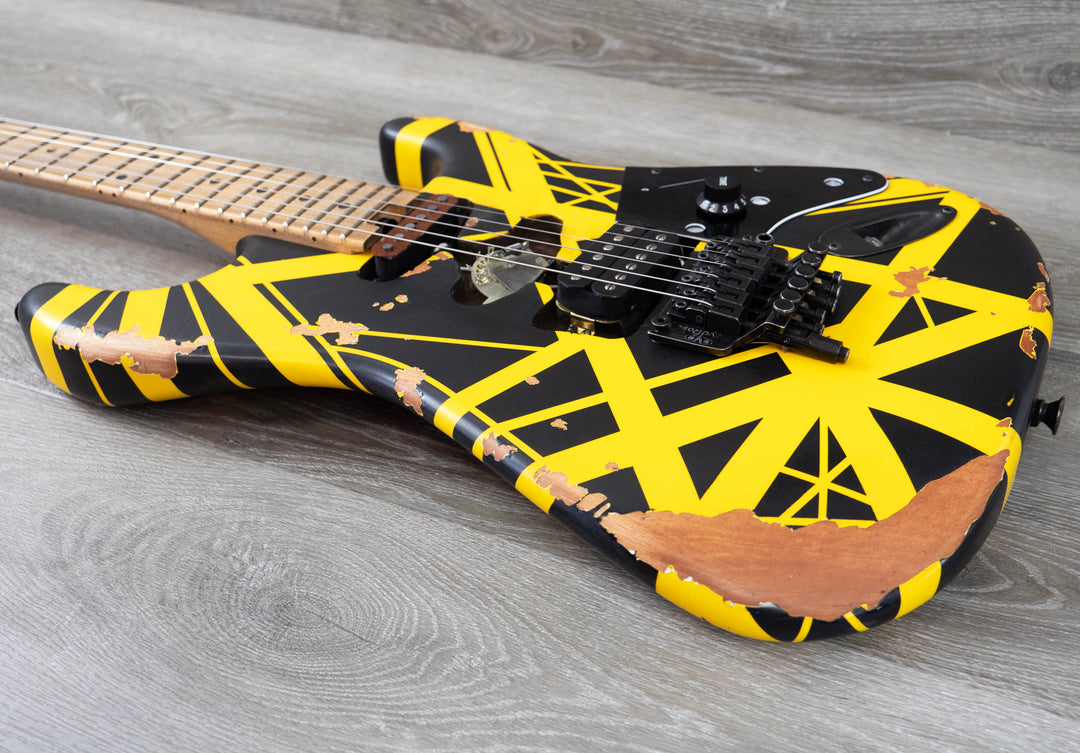 EVH Limited Edition Striped Series Frankenstein Frankie, Maple Fingerboard, Black with Yellow Stripes, Aged