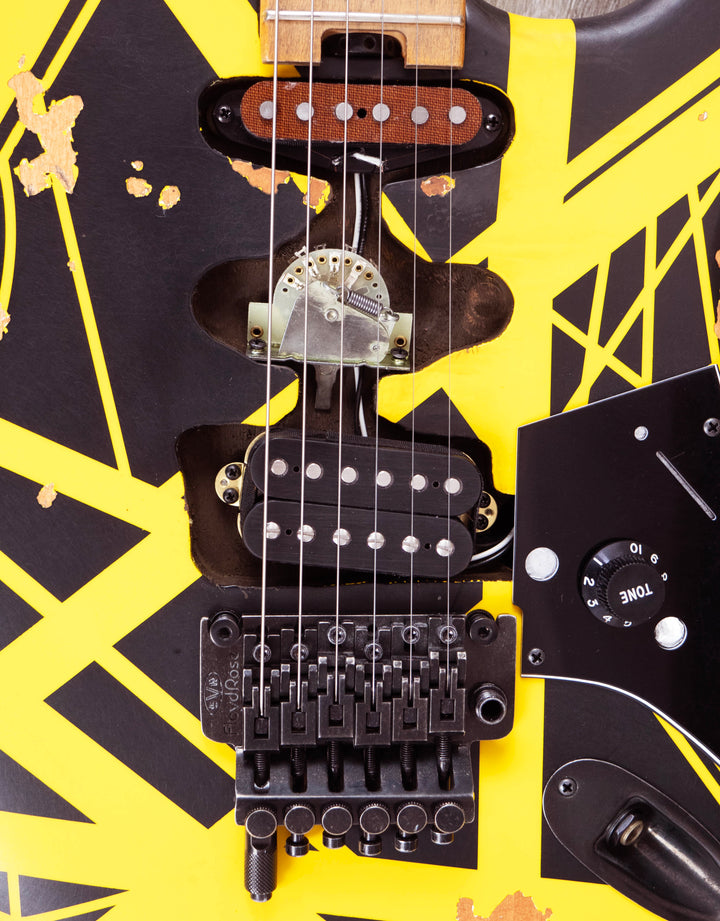 EVH Limited Edition Striped Series Frankenstein Frankie, Maple Fingerboard, Black with Yellow Stripes, Aged