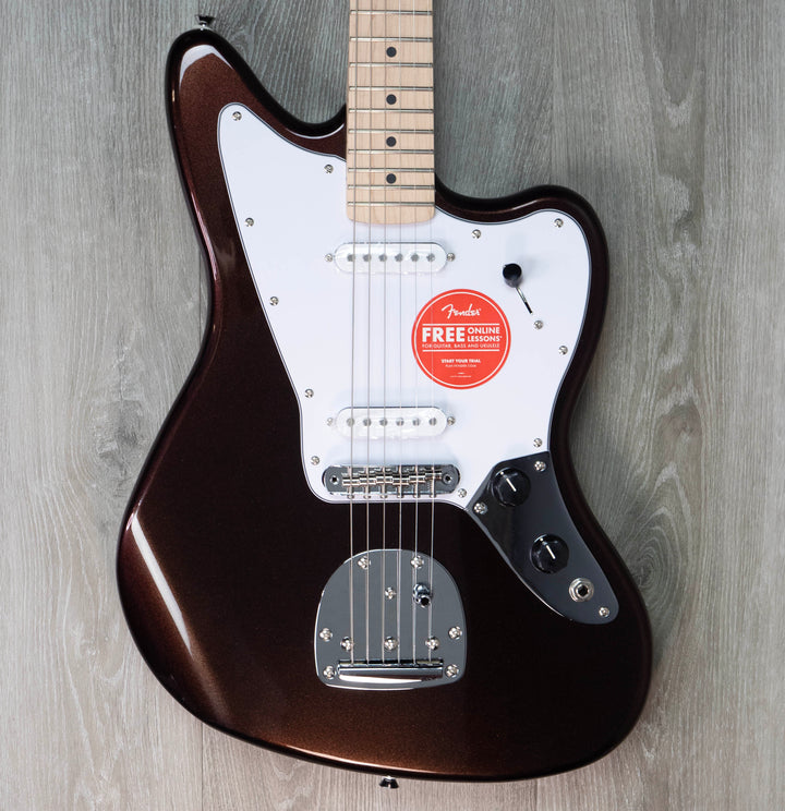 Squier Affinity Series Jaguar, diapasón de laurel, golpeador blanco, marrón metálico místico