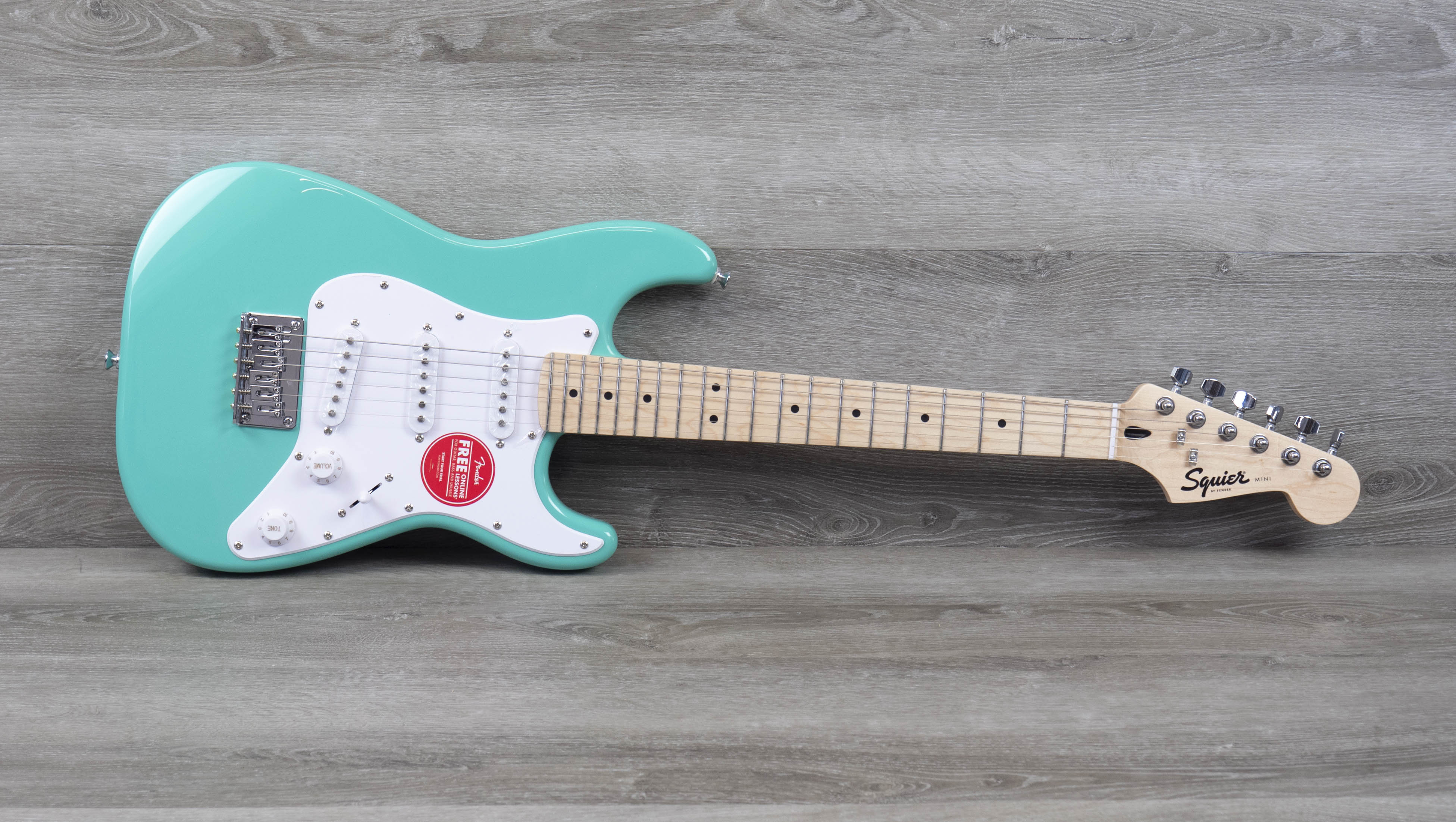 Squier Mini Stratocaster, Maple Fingerboard, White Pickguard, Sea