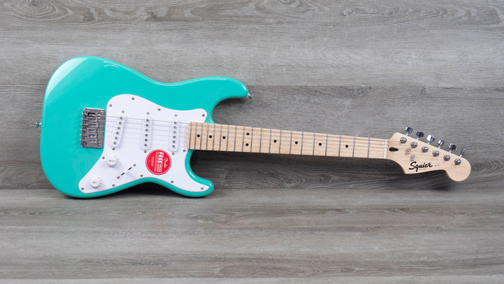 Squier Mini Stratocaster, Maple Fingerboard, White Pickguard, Sea Foam Green