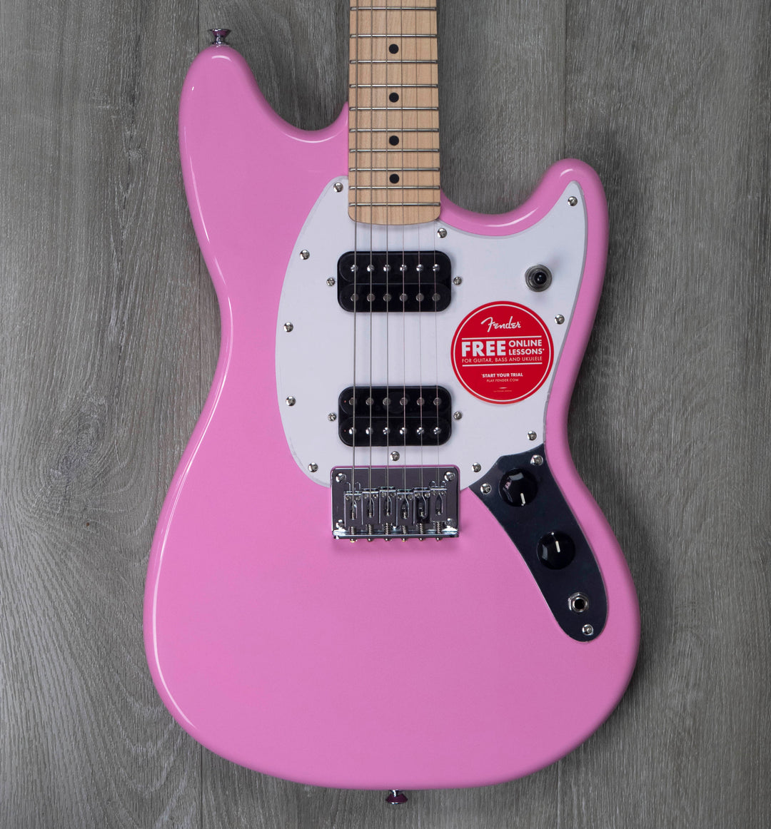 Squier Sonic Mustang HH, Maple Fingerboard, White Pickguard, Flash Pink