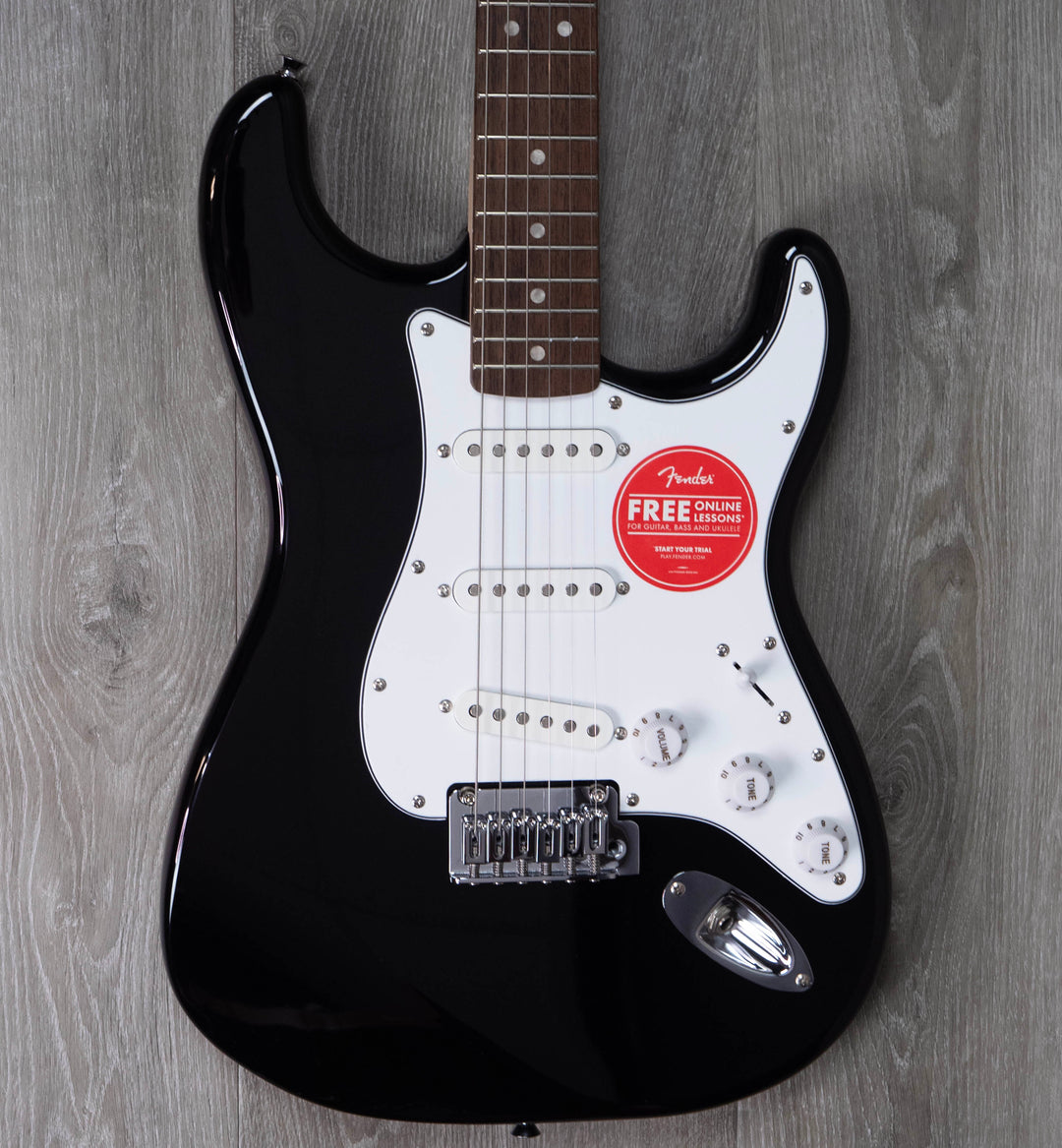 Squier Affinity Series Stratocaster Mustang Micro Pack, Laurel Fingerboard, Black, Gig Bag, HD9 Headphones