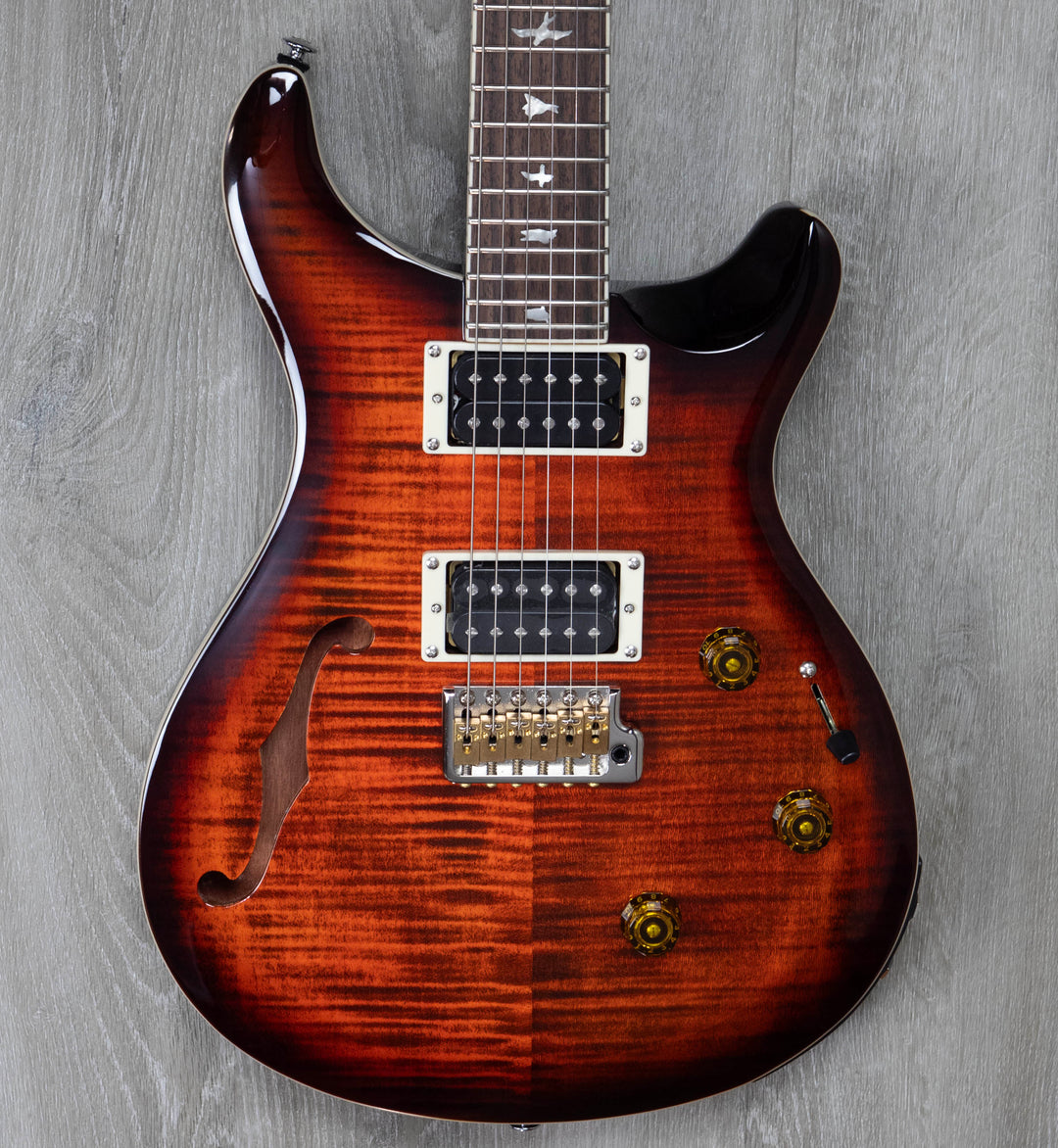PRS SE Custom 24 Semi-Hollow Piezo Electric Guitar, Orange Tiger Smokeburst