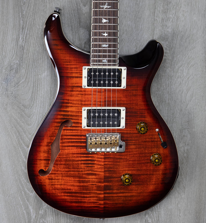 PRS SE Custom 24 Semi-Hollow Piezo Electric Guitar, Orange Tiger Smokeburst