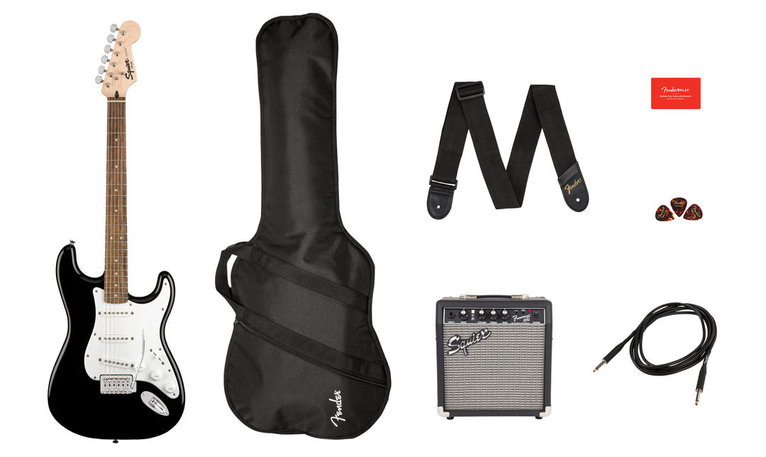 Squier Stratocaster Pack, Laurel Fingerboard, Black, Gig Bag, 10G - 230V UK