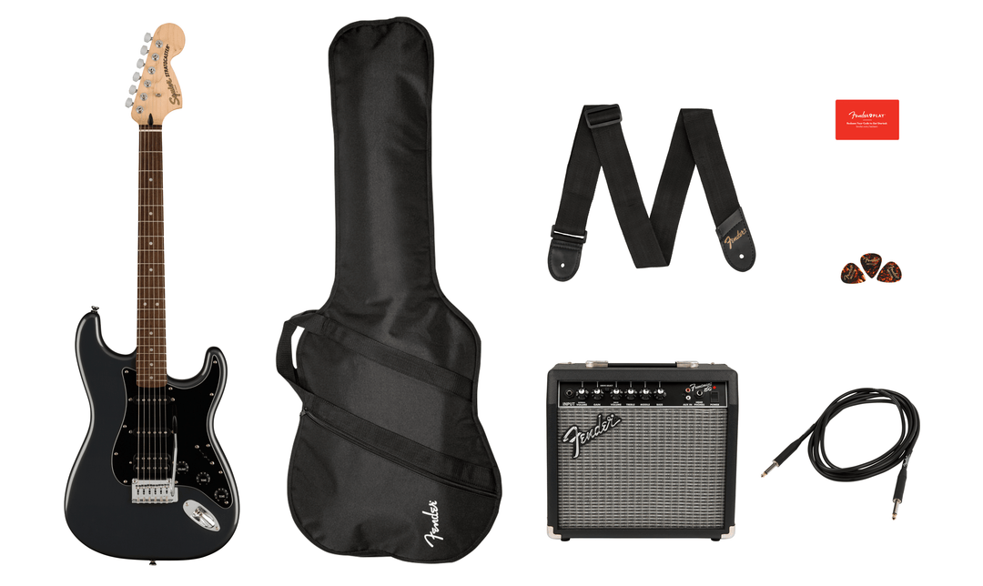 Squier Affinity Series Stratocaster HSS Pack, Laurel Fingerboard, Charcoal Frost Metallic, Gig Bag, Frontman 15G