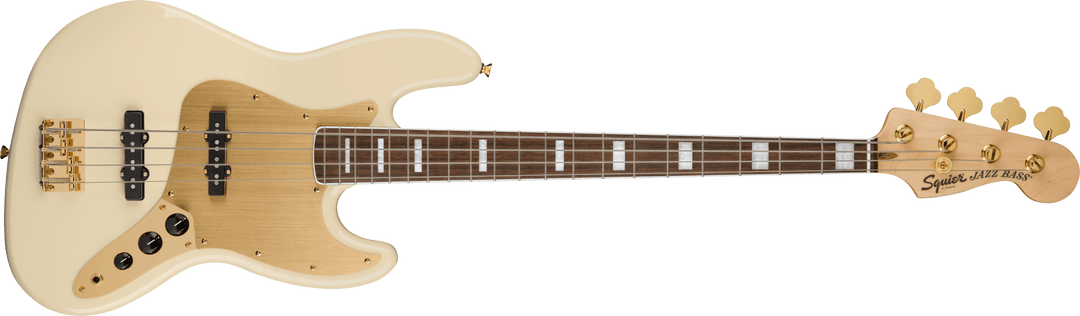 Squier 40th Anniversary Jazz Bass, Gold Edition, Laurel Fingerboard, Gold Anodized Pickguard, Olympic White