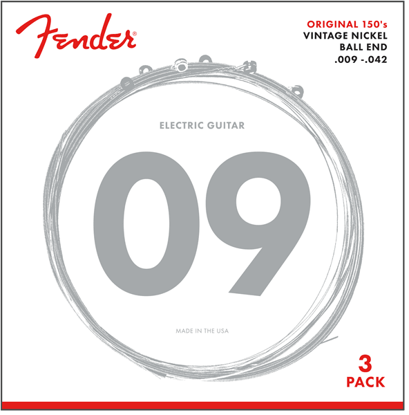 Fender 150L Original 150 Guitar Strings, Pure Nickel Wound, Ball End, .009-.042, 3-Pack - A Strings
