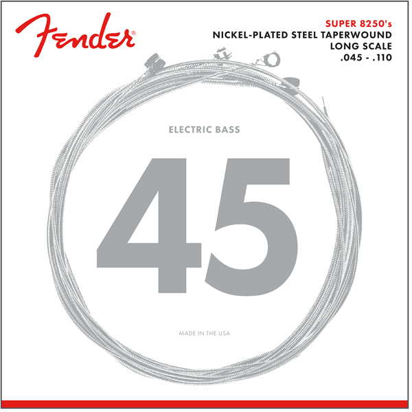 Fender 8250M Bass String Set, Nickel Plated Steel Taper Wound, Long Scale, .045-.110 - A Strings