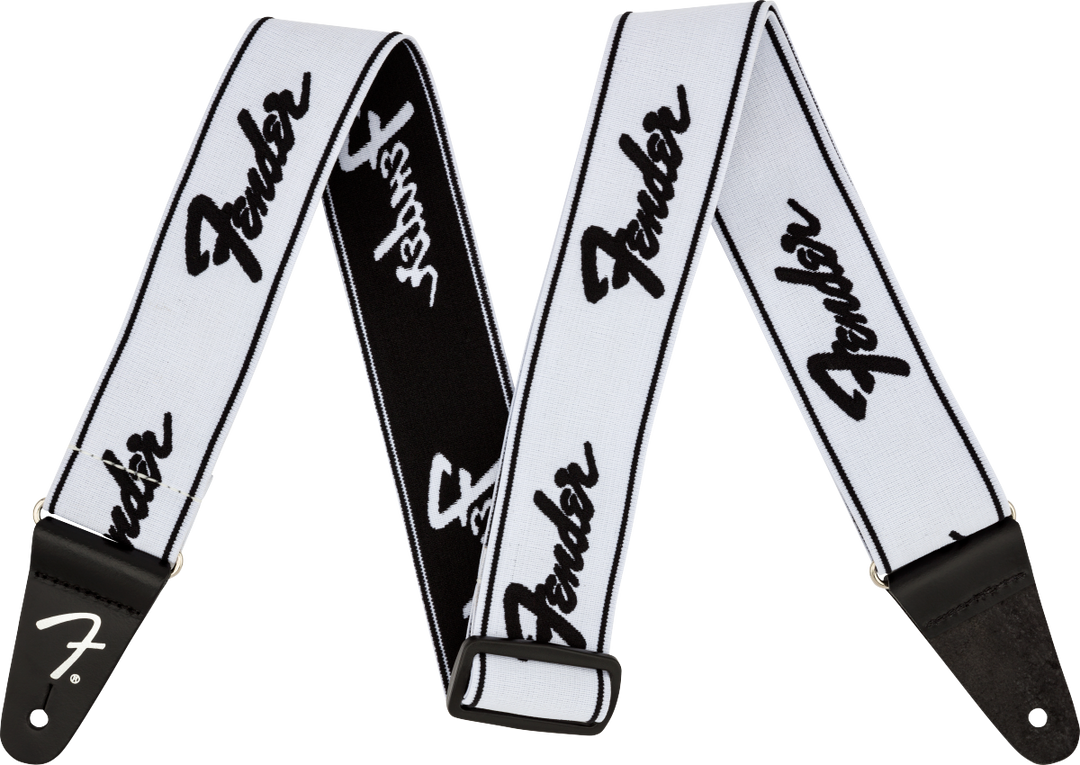 Fender WeighLess 2" Running Logo Strap, White/Black