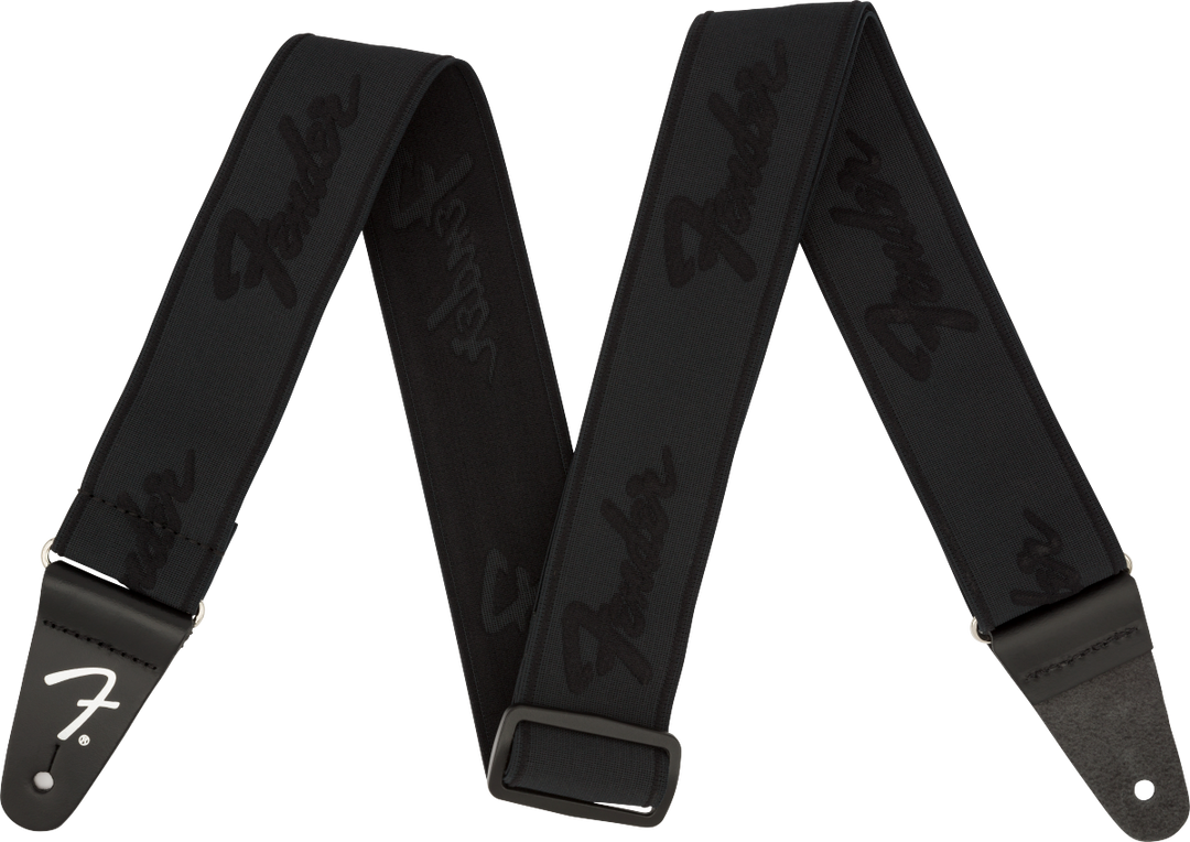Fender WeighLess 2" Running Logo Strap, Black/Black