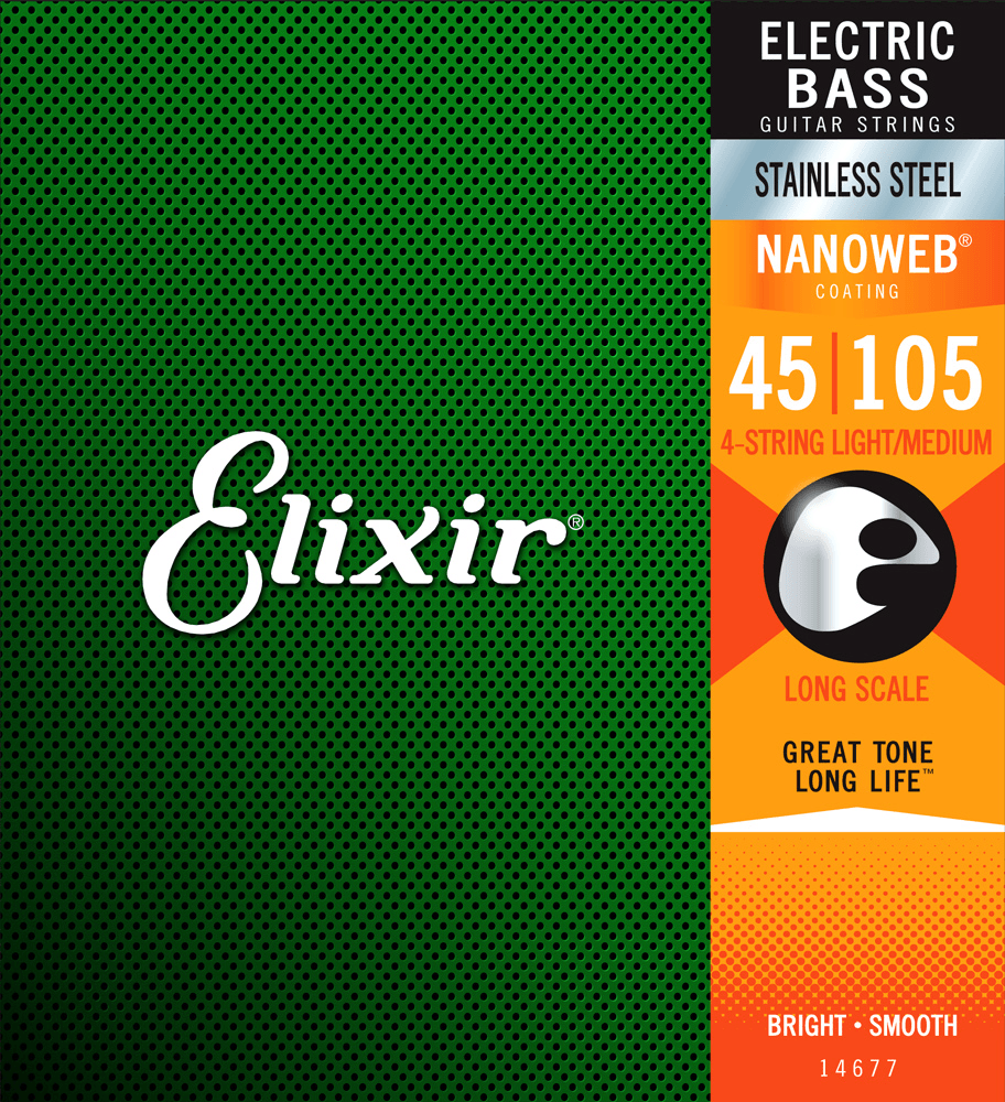 Elixir Nanoweb Coated Bass Guitar String Set, Stainless Steel, .045-.105 - A Strings