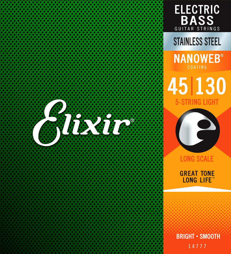 Elixir Nanoweb Coated 5-String Bass Guitar String Set, Stainless Steel, .045-.130 - A Strings