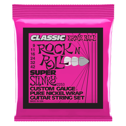 Ernie Ball Classic Rock n Roll Electric Guitar String Set, Pure Nickel, Super Slinky .009-.042 - A Strings