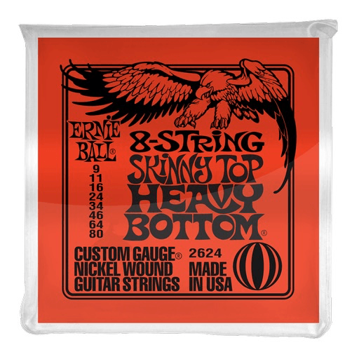 Ernie Ball 8-String Guitar String Set, Nickel, Skinny Top Heavy Bottom .009-.080 - A Strings