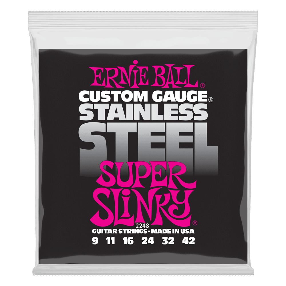 Ernie Ball Electric Guitar String Set, Stainless Steel, Super Slinky .009-.042 - A Strings