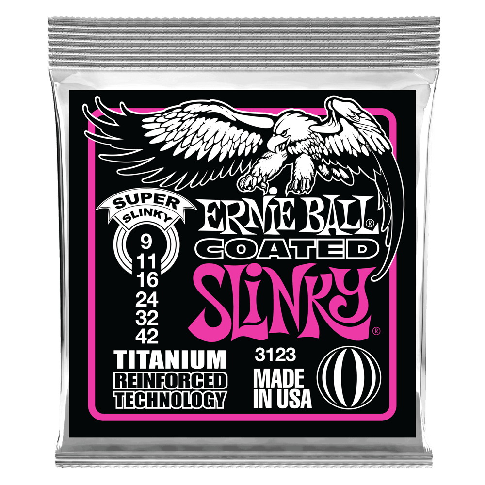 Ernie Ball Coated Titanium Electric Guitar String Set, Titanium, Super Slinky .009-.042 - A Strings