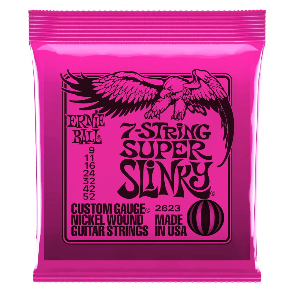 Ernie Ball 7-String Electric Guitar String Set, Nickel, Super Slinky .009-.052 - A Strings