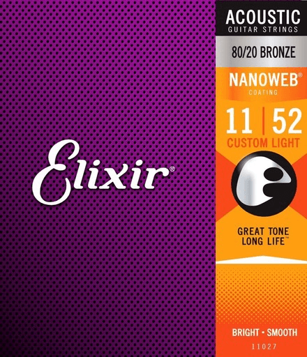 Elixir Nanoweb Coated Acoustic Guitar String Set, 80/20 Bronze, .011-.052 - A Strings