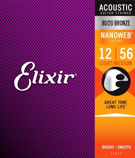 Elixir Nanoweb Coated Acoustic Guitar String Set, 80/20 Bronze, .012-.056 - A Strings