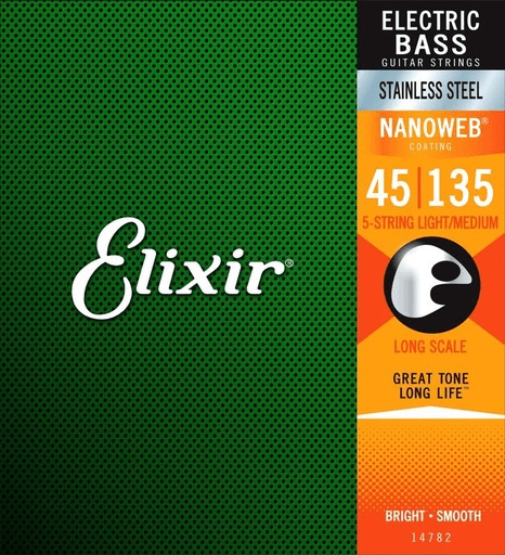 Elixir Nanoweb Coated 5-String Bass Guitar String Set, Stainless Steel, .045-.135 - A Strings