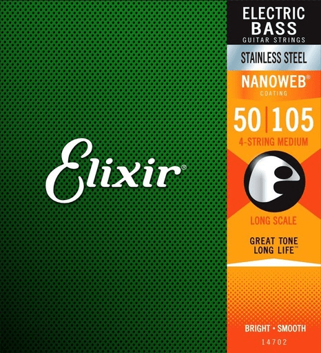 Elixir Nanoweb Coated Bass Guitar String Set, Stainless Steel, .050-.105 - A Strings