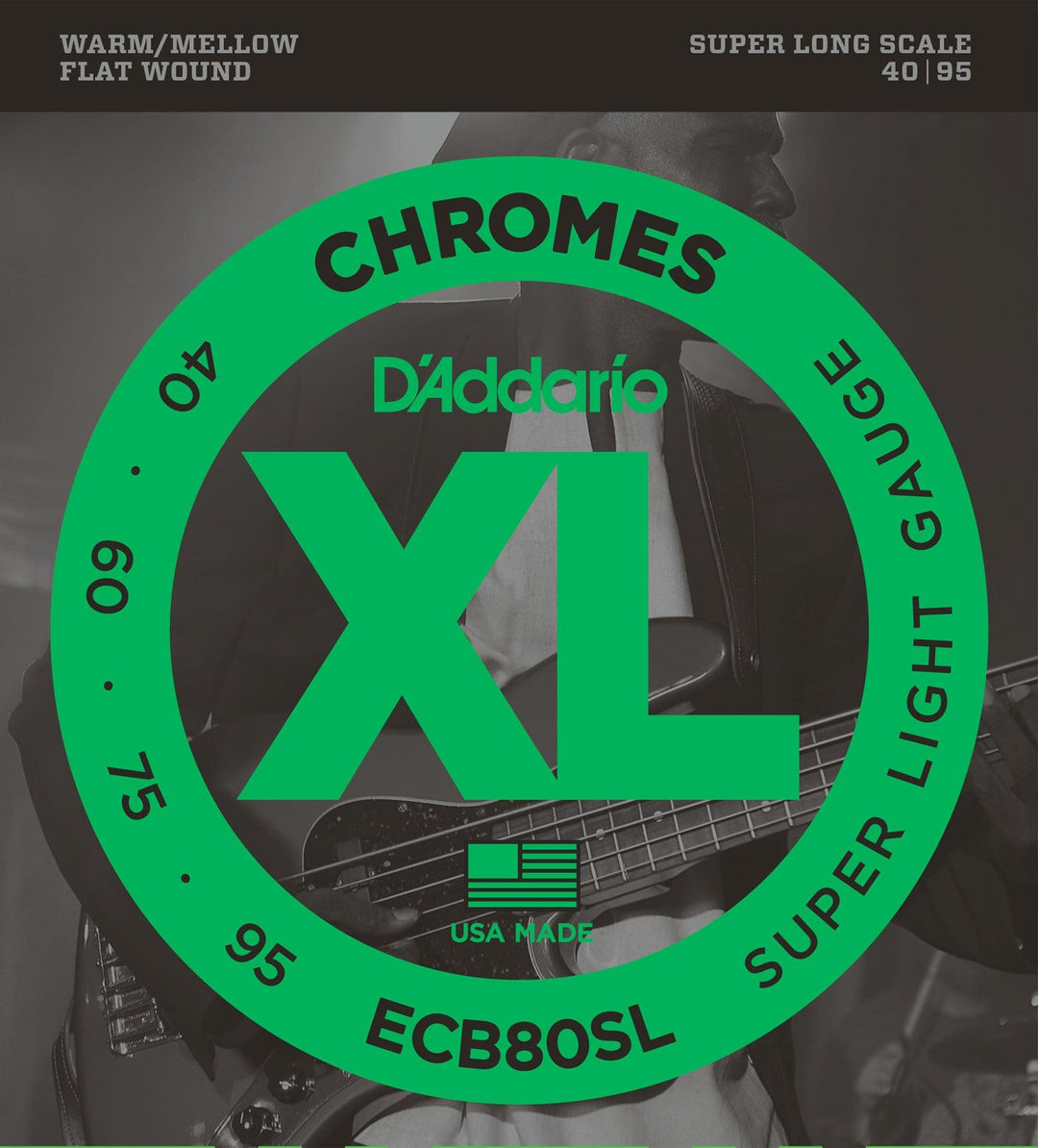 D'Addario Chromes Bass Guitar String Set, Flatwound, ECB80SL Super Light .040-.095 Super Long Scale - A Strings