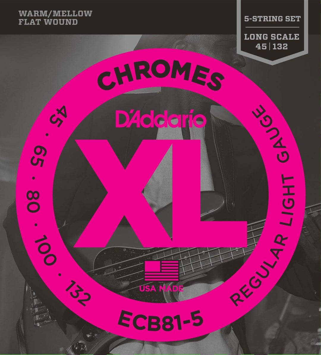 D'Addario Chromes 5-String Bass Guitar String Set, Flatwound, ECB81-5 Light .045-.132, Long Scale - A Strings