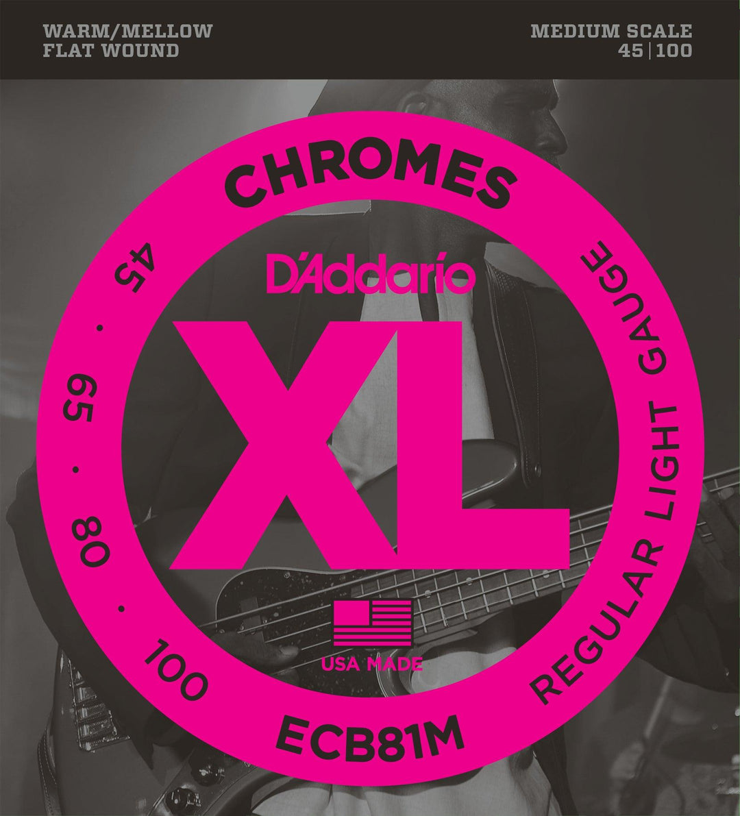 D'Addario Chromes Bass Guitar String Set, Flatwound, ECB81M Regular Light .045-.100 Medium Scale - A Strings