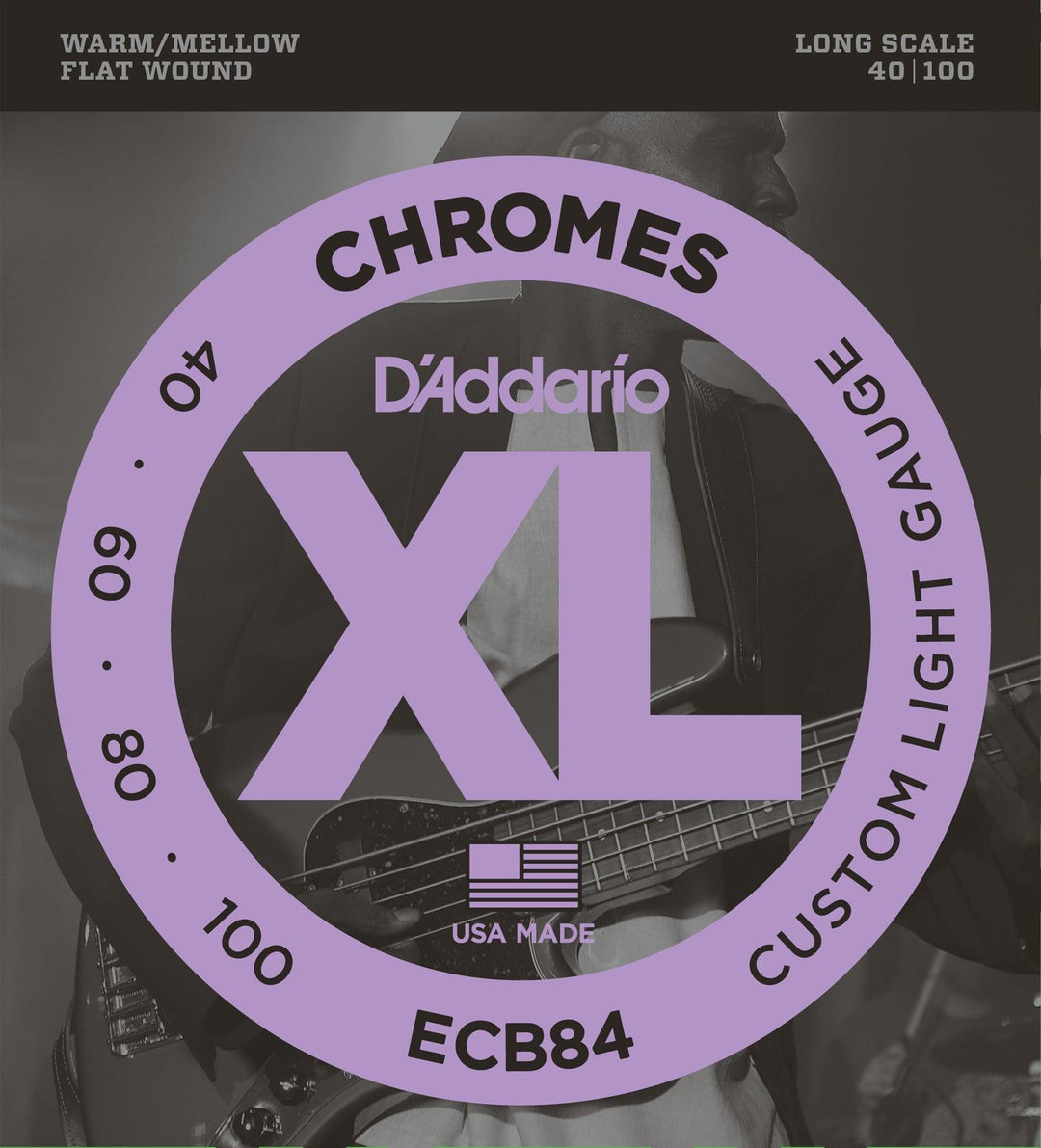 D'Addario Chromes Bass Guitar String Set, Flatwound, ECB84 Custom Light .040-.100 Long Scale - A Strings