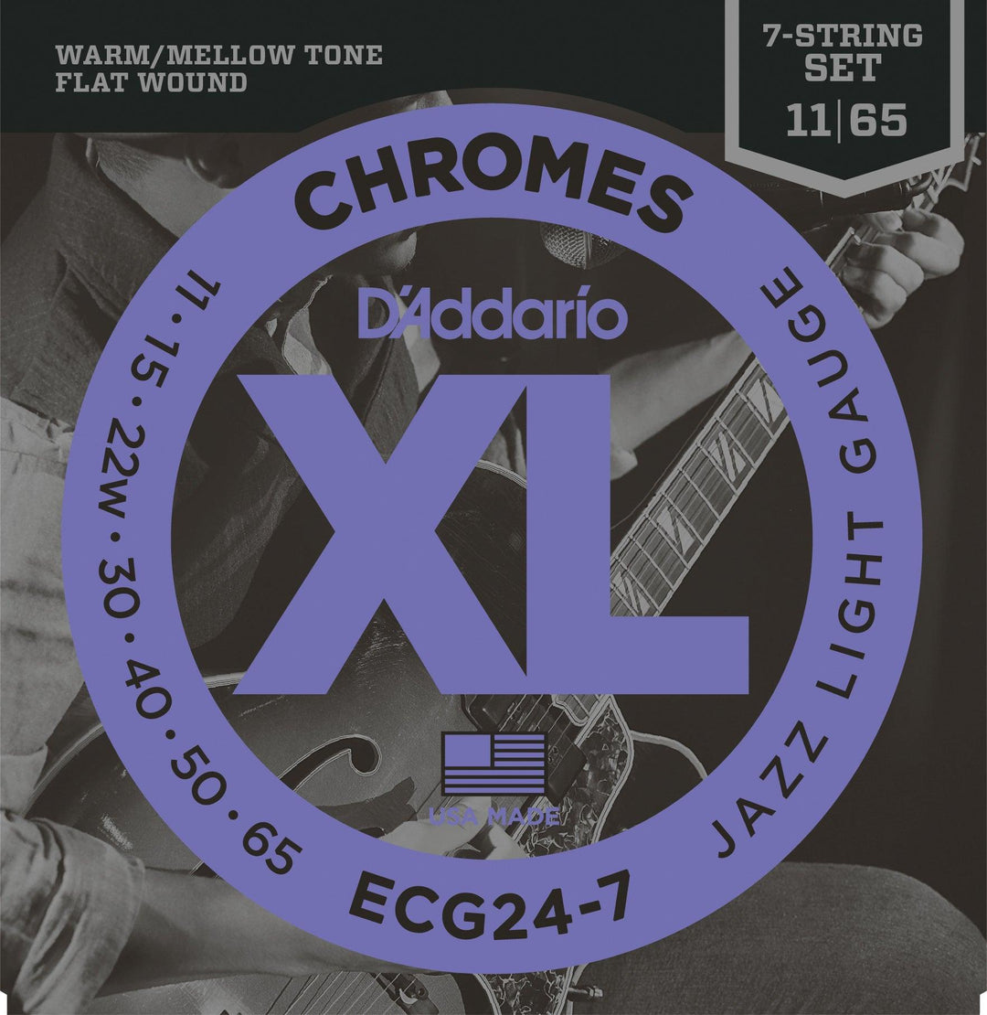 D'Addario 7-String Chromes Electric Guitar String Set, Flatwound, ECG24-7 Jazz Light .011-.065 - A Strings