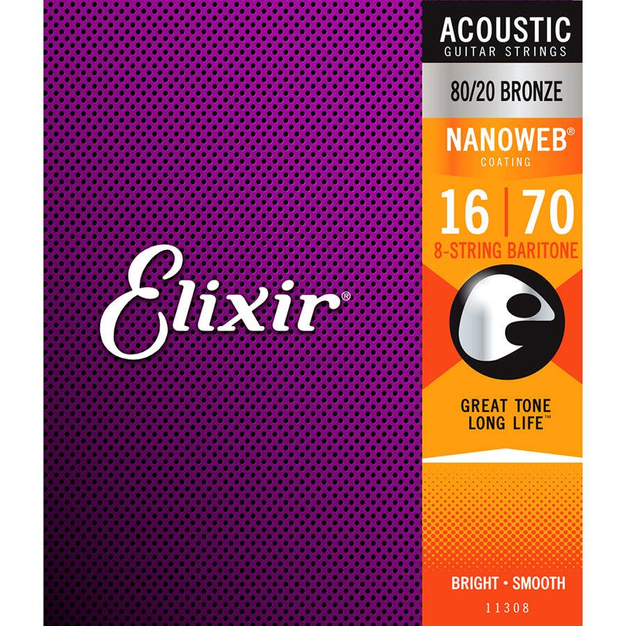 Elixir Nanoweb Coated Baritone Guitar 8-String Set, 80/20 Bronze, .016-.070 - A Strings