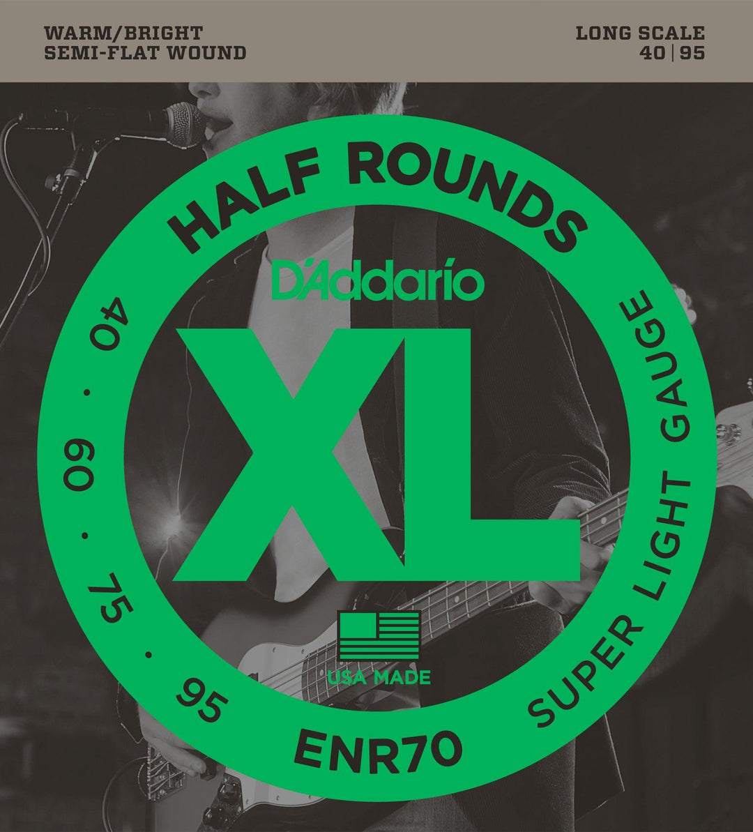 D'Addario XL Half Round Bass Guitar String Set, ENR70 Super Light .040-.095 Long Scale - A Strings
