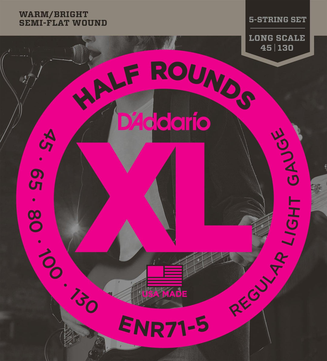 D'Addario XL Half Round 5-String Bass Guitar Set, Regular Light .045-.130 Long Scale - A Strings