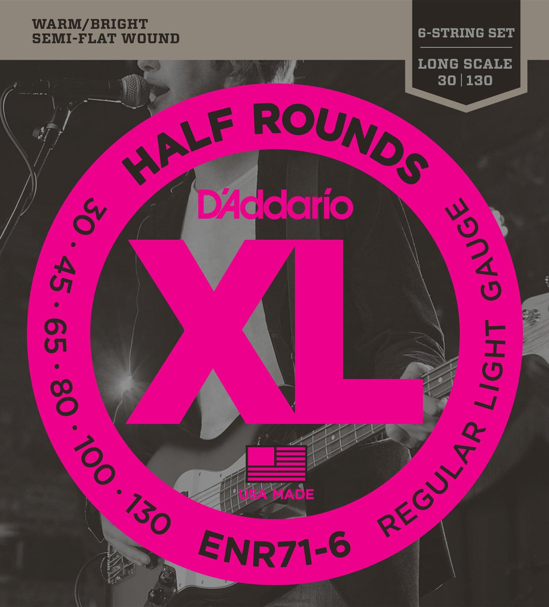 D'Addario XL Half Round 6-String Bass Guitar Set, ENR71-6 Regular Light .030-.130 Long Scale - A Strings