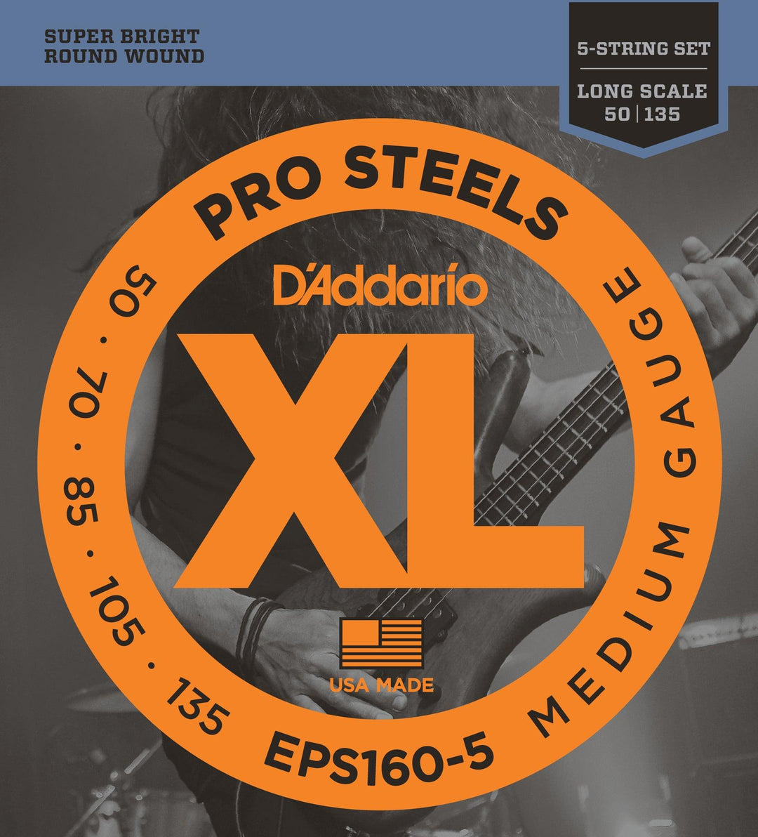 D'Addario ProSteels 5-String Bass Guitar String Set, Steel, EPS160-5 Medium .050-.135 - A Strings