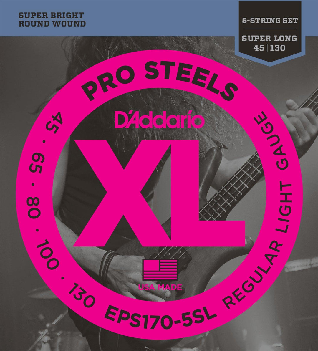 D'Addario ProSteels 5-String Bass Guitar String Set, Steel, EPS170-5SL Light .045-.130, Super Long Scale - A Strings