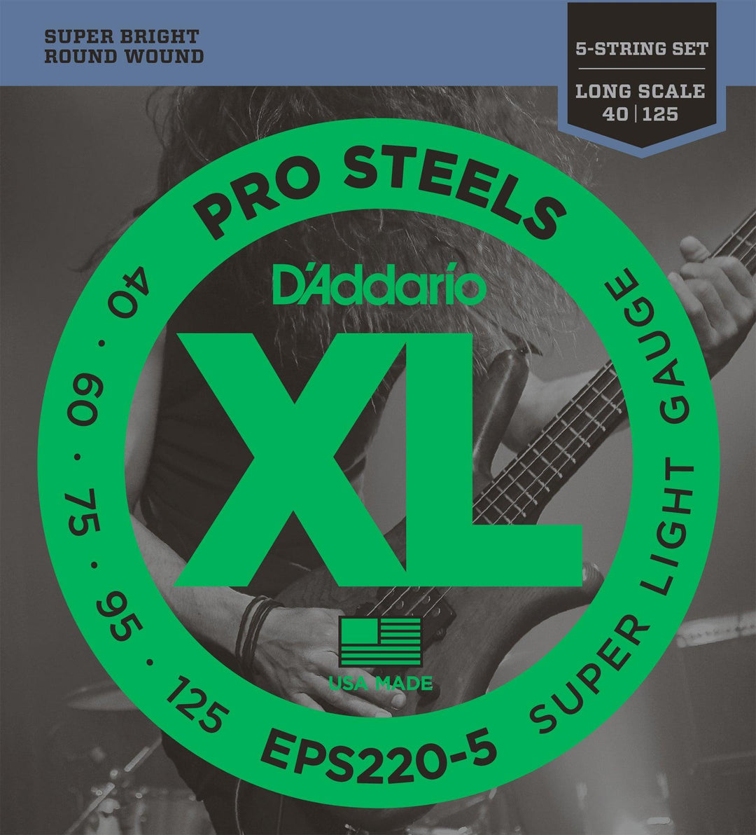 D'Addario ProSteels 5-String Bass Guitar String Set, Steel, EPS220-5 Super Light .040-.125 - A Strings