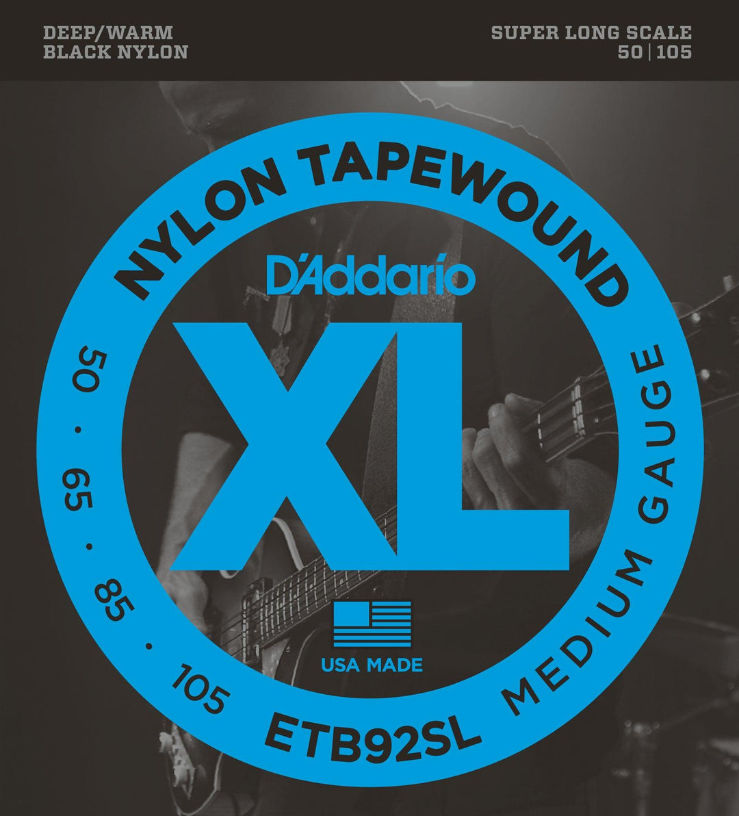 D'Addario Black Nylon Tapewound Bass Guitar String Set, Flatwound, ETB92SL Medium .050-.105, Super Long Scale - A Strings