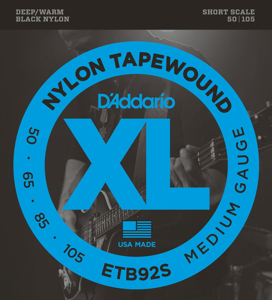 D'Addario Black Nylon Tapewound Bass Guitar String Set, Flatwound, ETB92S Medium .050-.105, Short Scale - A Strings